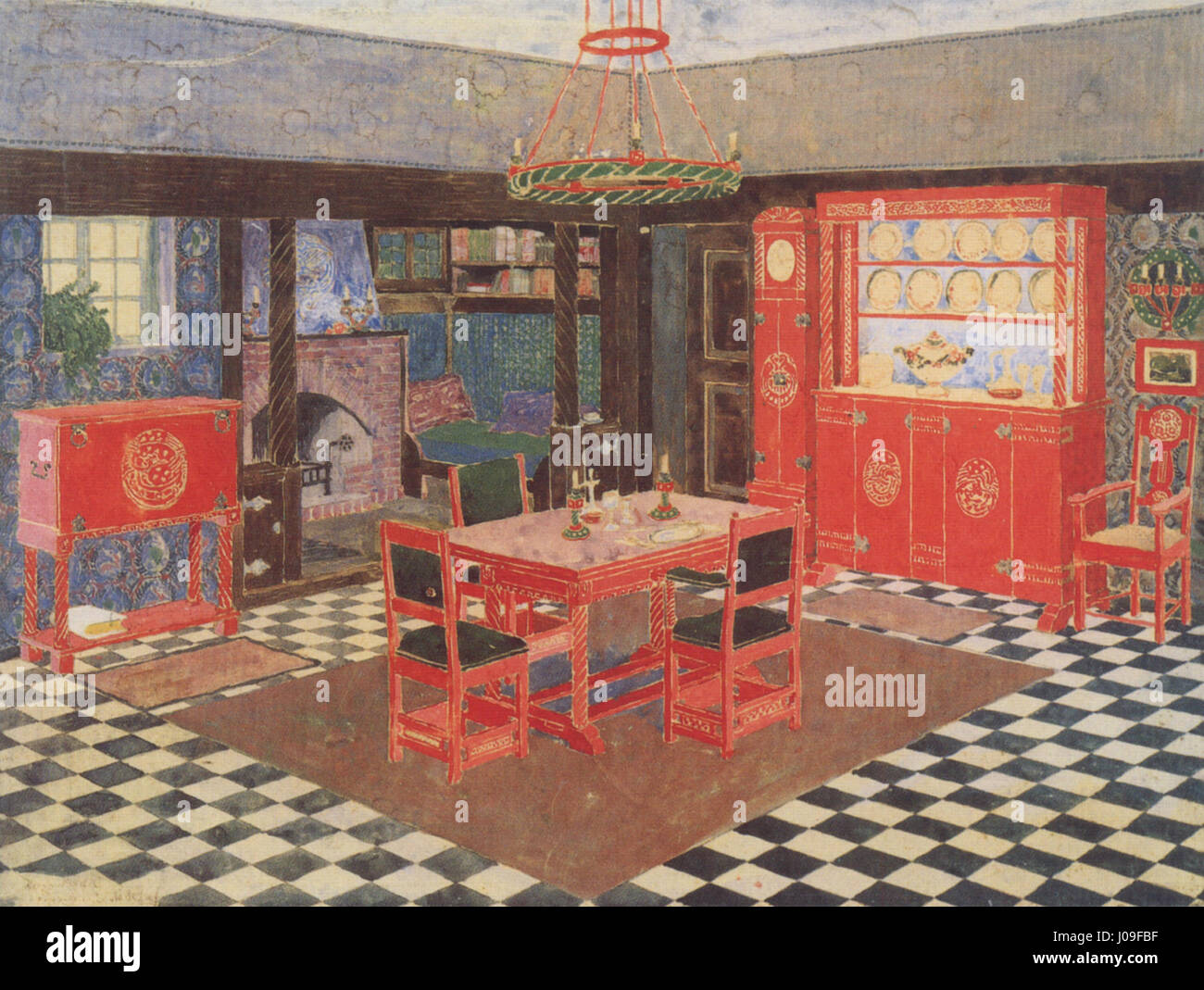 La conception d'une salle à manger de Heinrich Vogeler de 1909 reflète le style Art Nouveau, incorporant des formes organiques, des motifs complexes et un accent mis sur l'harmonie entre la fonction et l'esthétique dans le design d'intérieur. Banque D'Images La conception d'une salle à manger de Heinrich Vogeler de 1909 reflète le style Art Nouveau, incorporant des formes organiques, des motifs complexes et un accent mis sur l'harmonie entre la fonction et l'esthétique dans le design d'intérieur. Banque D'Images