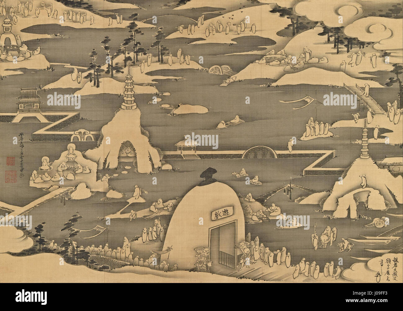 « Cinq cents Arhats » d'ITO Jakuchu est une œuvre japonaise importante représentant les figures bouddhistes légendaires connues sous le nom d'Arhats. Cette pièce détaillée et expressive se concentre sur leur parcours spirituel et leurs caractéristiques uniques, dessinées avec précision. Banque D'Images