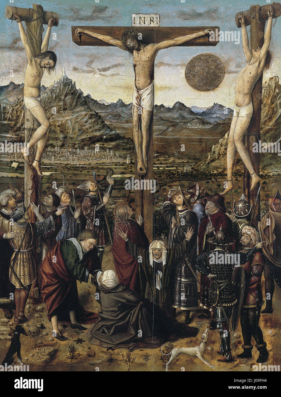 'La Crucifixión' d'un artiste anonyme valencien présente une scène religieuse, en se concentrant sur la crucifixion du Christ avec une forte intensité émotionnelle et une iconographie détaillée. Banque D'Images