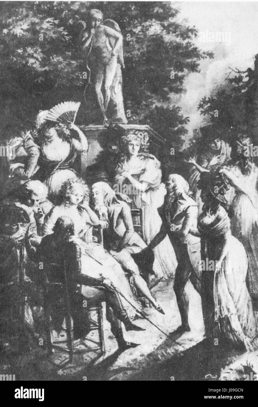 Le portrait de Madame de Staël à Coppet de Debucourt, peint en 1800, capture l'influent intellectuel français de sa résidence. Connue pour ses écrits sur la philosophie politique, l'image de Madame de Staël reflète la sophistication intellectuelle de l'époque. Banque D'Images