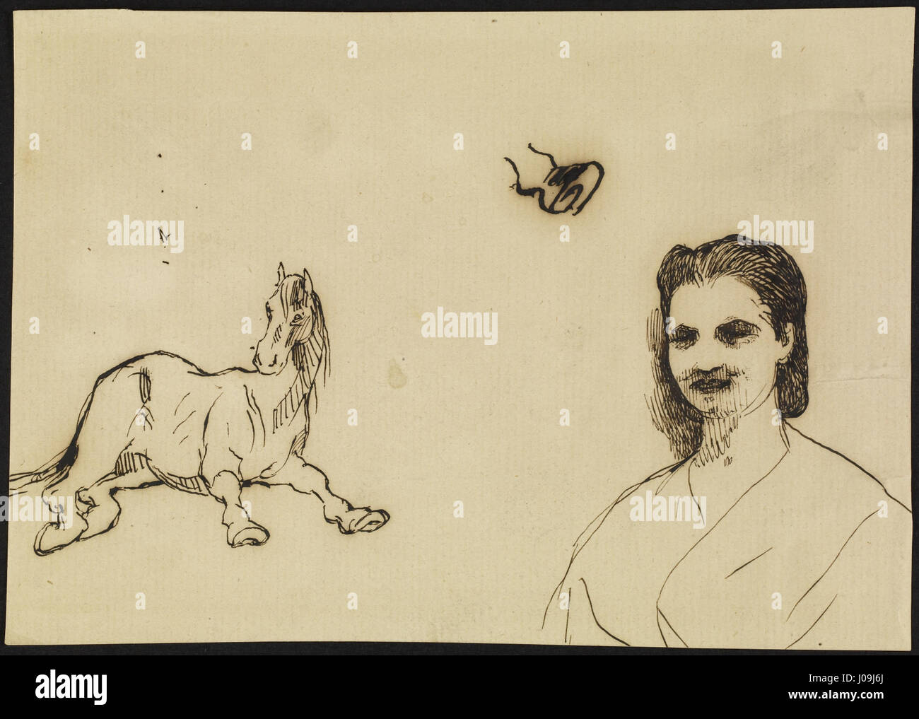 'A Horse and a Woman' de Prosper Mérimée, qui fait partie de la collection Walters, explore la relation dynamique entre la femme et le cheval, symbolisant la liberté et la force. La pièce reflète le vif intérêt de Mérimée pour les liens humains et animaux, dépeint à travers une composition dramatique et des traits audacieux. Banque D'Images