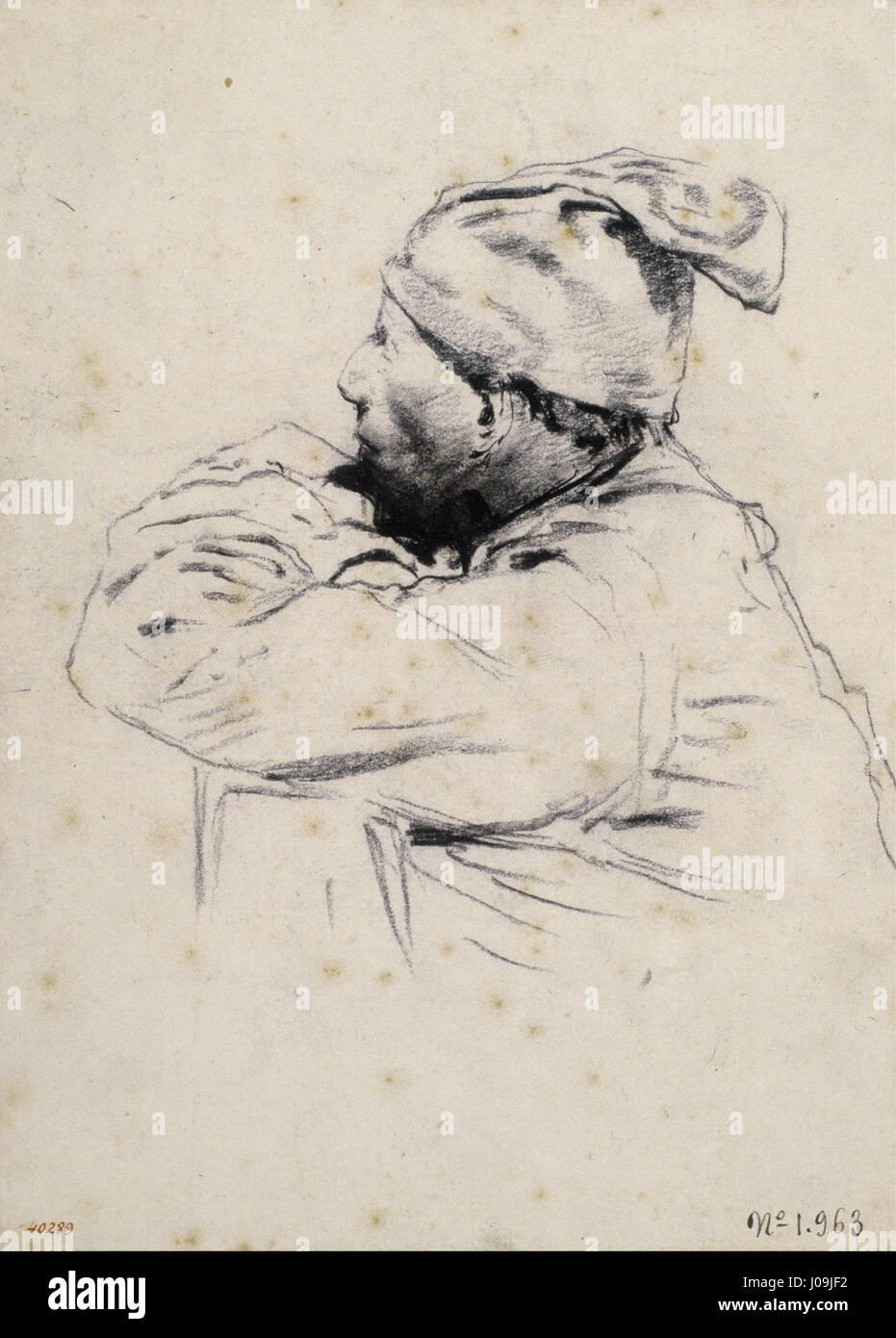 Le tableau de Santiago Rusiñol 'fermier avec Barrétina' représente un fermier catalan traditionnel portant le chapeau distinctif de 'barrétina'. L’œuvre reflète l’intérêt de Rusiñol pour la culture régionale et la vie des gens ordinaires en Espagne à la fin du XIXe siècle. Banque D'Images