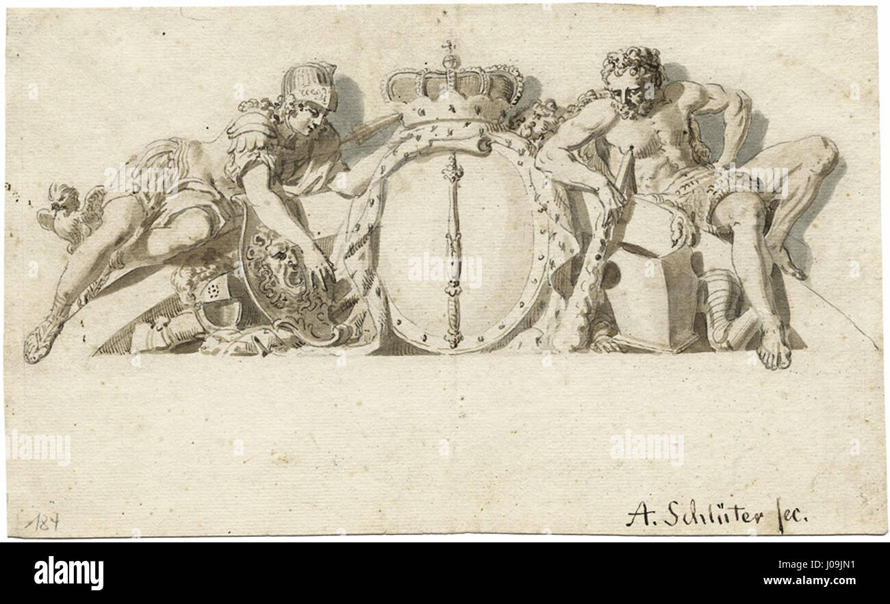 La conception du pignon attribué à Schlüter met en valeur des éléments architecturaux baroques, avec un fort accent sur les formes dynamiques et sculpturales et l'ornementation complexe. La pièce est représentative de la grandeur du style baroque et se concentre sur une esthétique architecturale détaillée. Banque D'Images