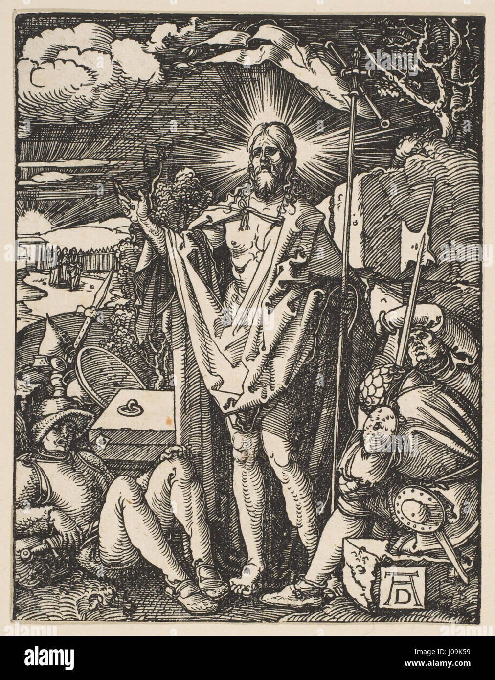La résurrection de la série The Little passion d'Albrecht Dürer est une gravure sur bois représentant la résurrection du Christ. La pièce est l’une des œuvres religieuses renommées de Dürer, capturant le moment dramatique du Christ ressuscitant d’entre les morts avec une grande intensité et un grand détail. Banque D'Images