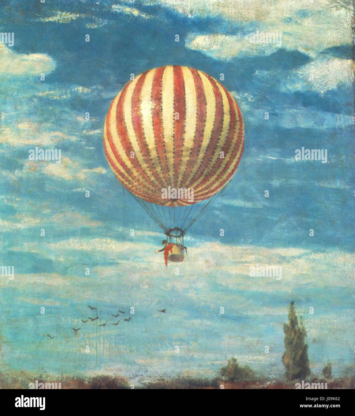 *Balloon* (1882) de l'artiste hongrois Pál Szinyei Merse dépeint une scène joyeuse d'une femme volant dans une montgolfière. La peinture reflète l'exploration de la lumière et du mouvement par le peintre hongrois, capturant un moment d'aventure et de liberté au début des années 1880 Banque D'Images