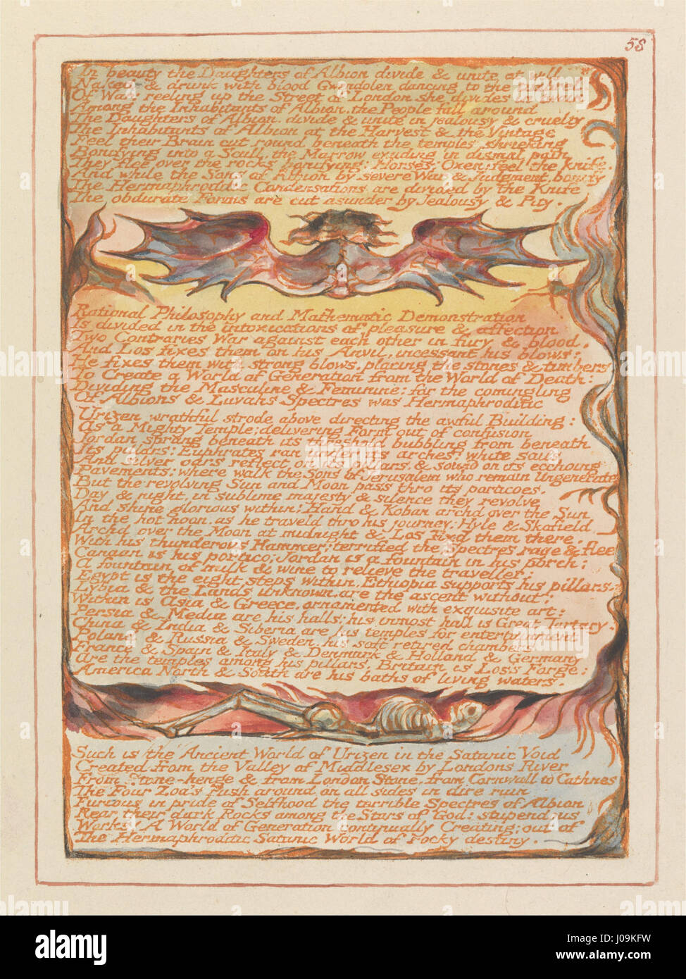 « Jerusalem, planche 58 » de William Blake reflète son approche mystique et allégorique des sujets poétiques, dépeignant les filles d’Albion dans un contexte symbolique et visionnaire. Banque D'Images