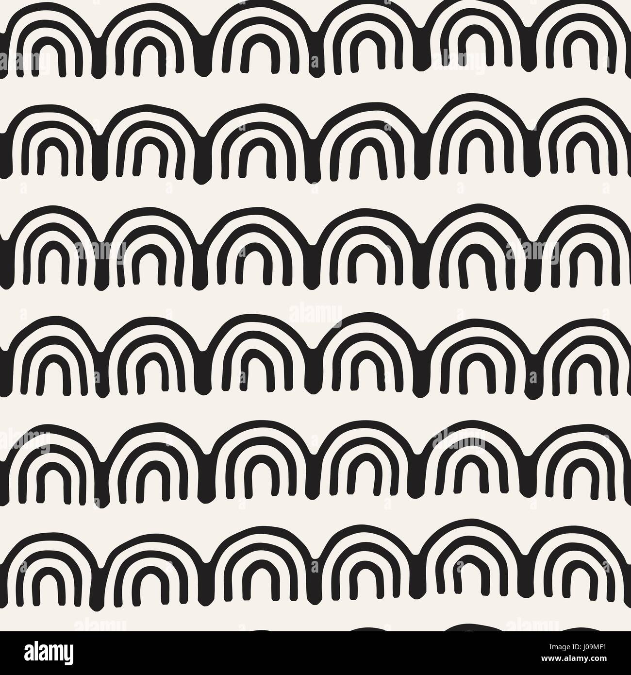 Tribal minimaliste monochrome modèle transparent avec des lignes d'arc. Vector background with inky black art sur white stripe arrondi. Illustration de Vecteur