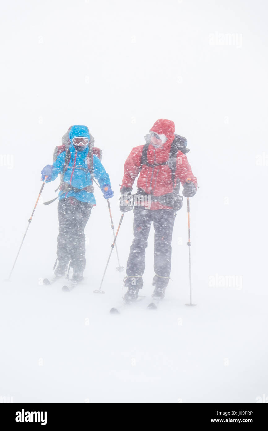 Ski de randonnée dans un blizzard en Norvège sur le sentier frontière Troms Banque D'Images