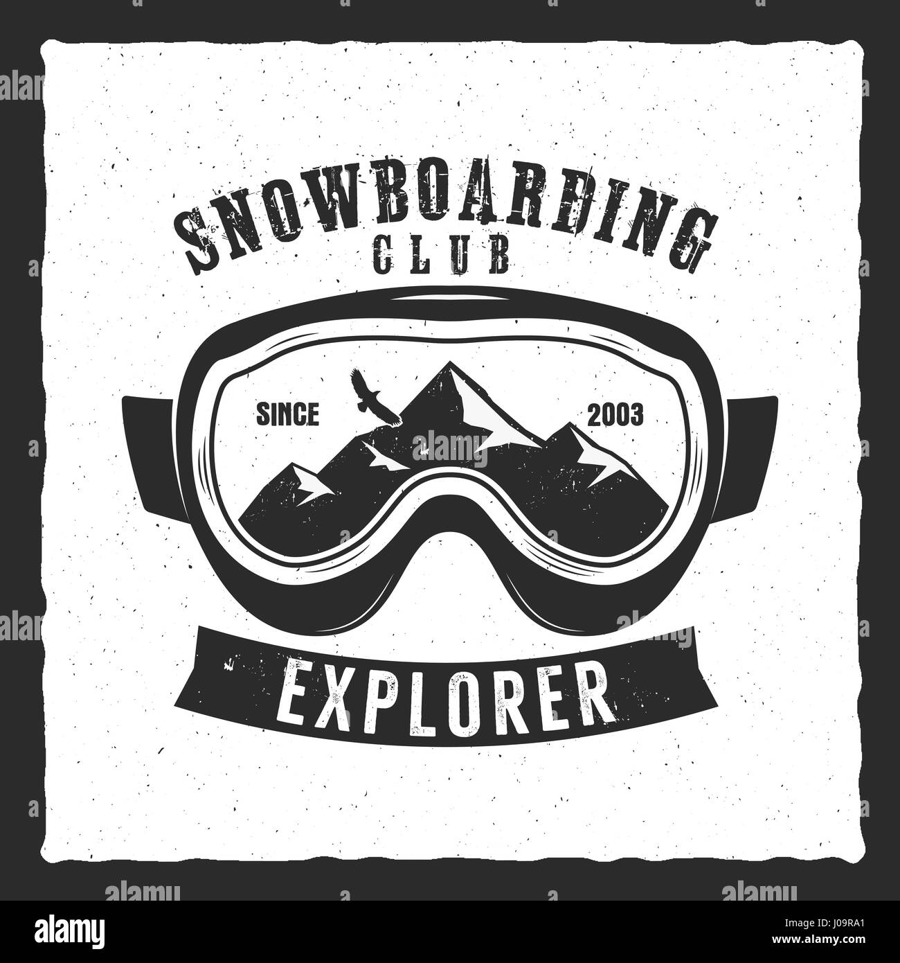Snowboard extrême lunettes logo et modèle d'étiquette. Club de snowboard de l'hiver d'un insigne, emblème. Insigne d'Aventure en montagne, logotype. Vecteur conception Vintage Illustration de Vecteur
