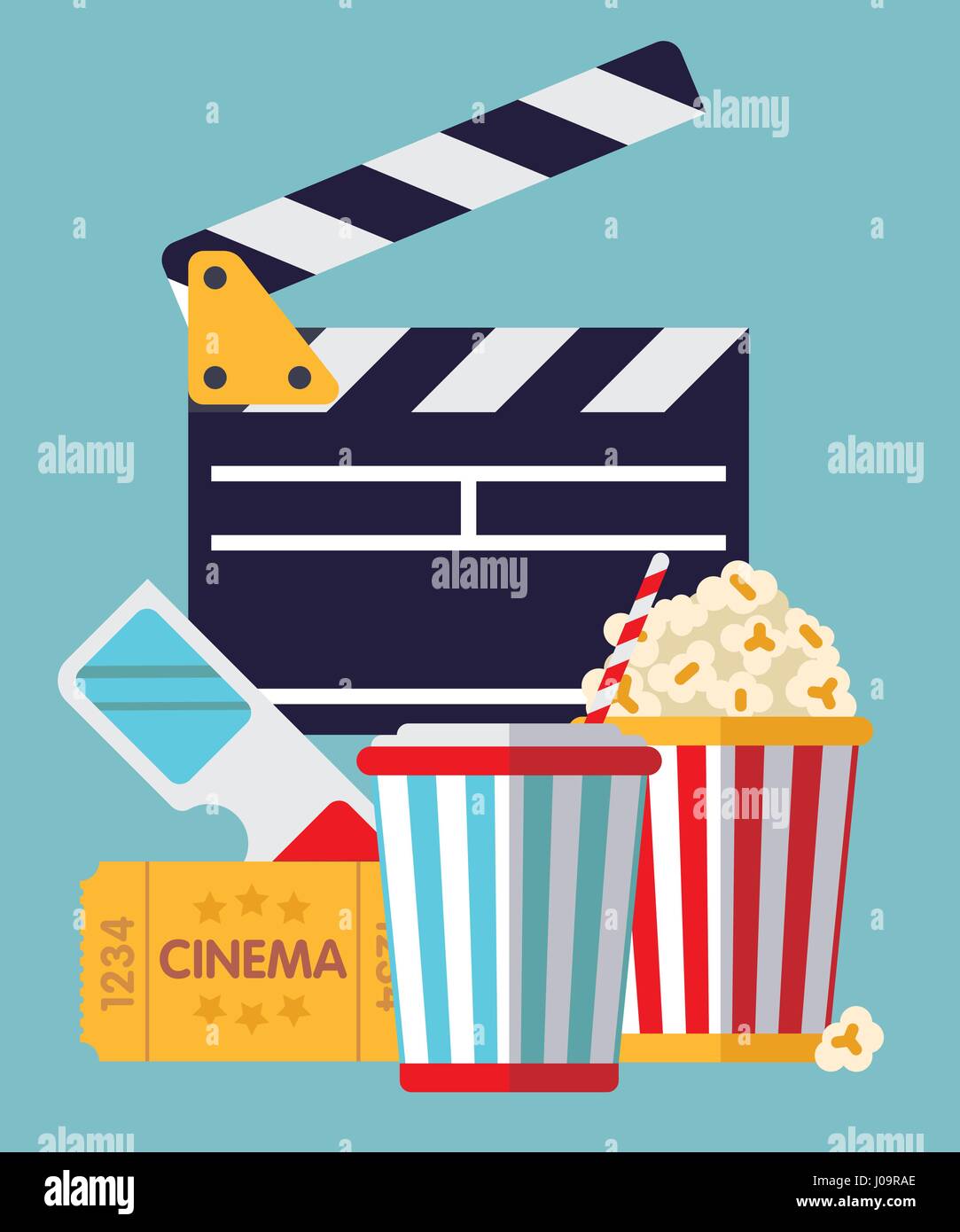 Cinema - Symboles clapper, billet, lunettes, boisson et pop-corn illustration design plat Illustration de Vecteur
