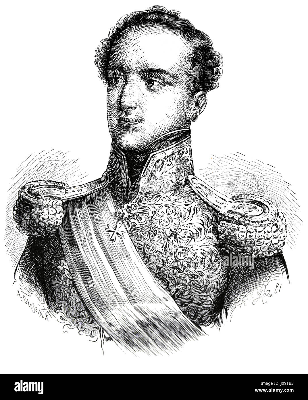 Miguel I de Portugal (1802-1866). L'absolutiste. Le roi entre 1828-1834. La gravure, Nuestro Siglo 1883. Banque D'Images