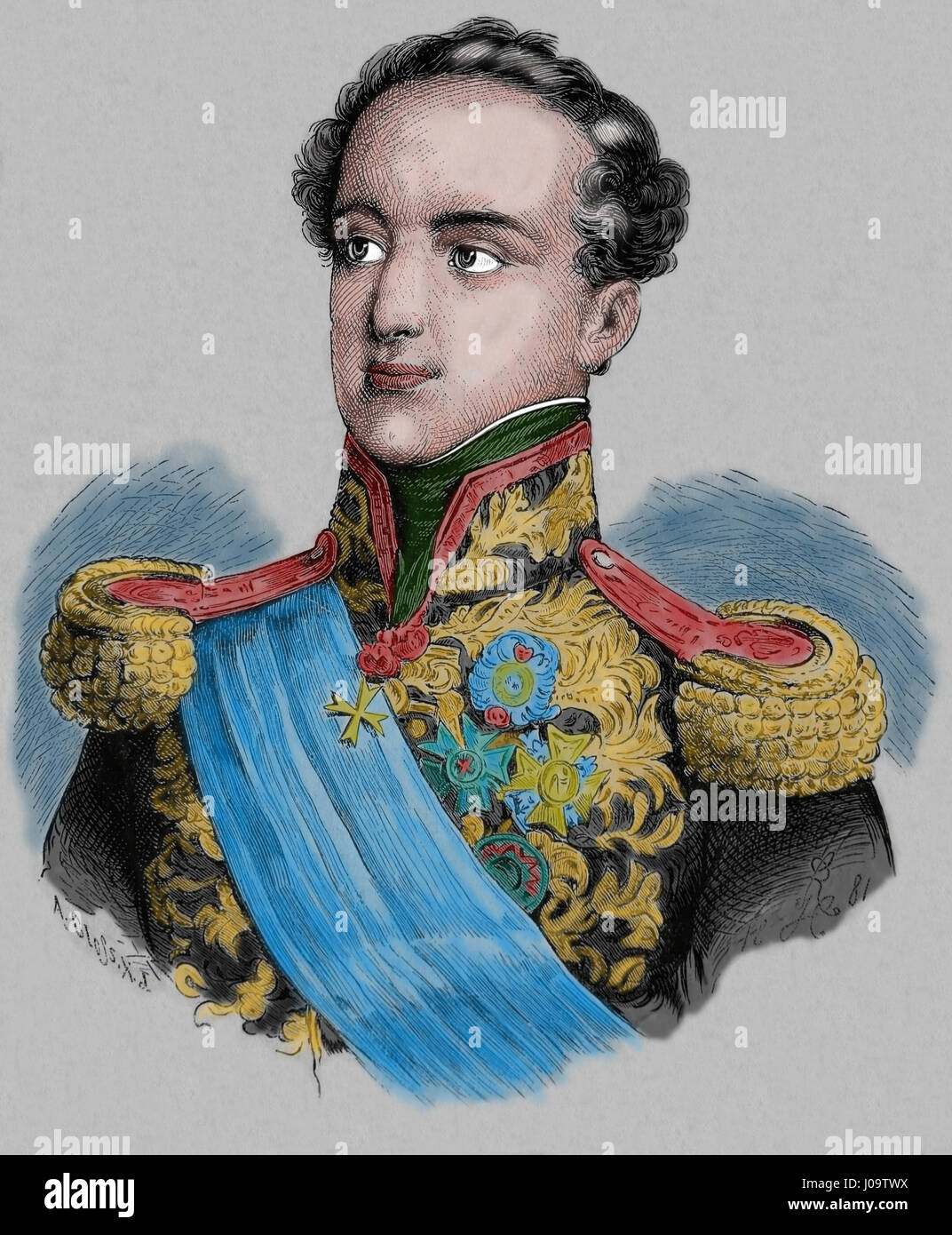 Miguel I de Portugal (1802-1866). L'absolutiste. Le roi entre 1828-1834. La gravure, Nuestro Siglo 1883. Banque D'Images