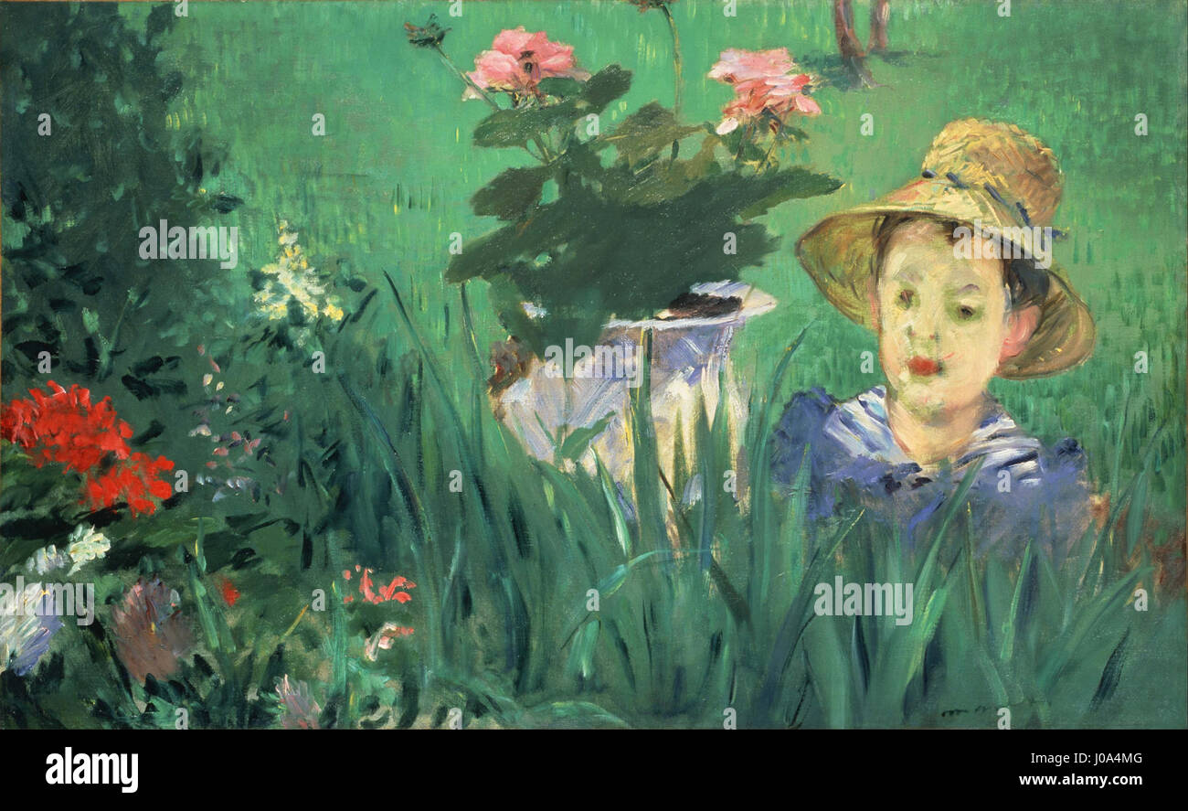 « Boy in Flowers » d’Édouard Manet, avec Jacques Hoschedé, le fils de l’ami proche de l’artiste. Cette peinture représente l’enfant au milieu d’un bouquet vibrant de fleurs, montrant le style caractéristique de réalisme de Manet et son accent sur le portrait. Banque D'Images