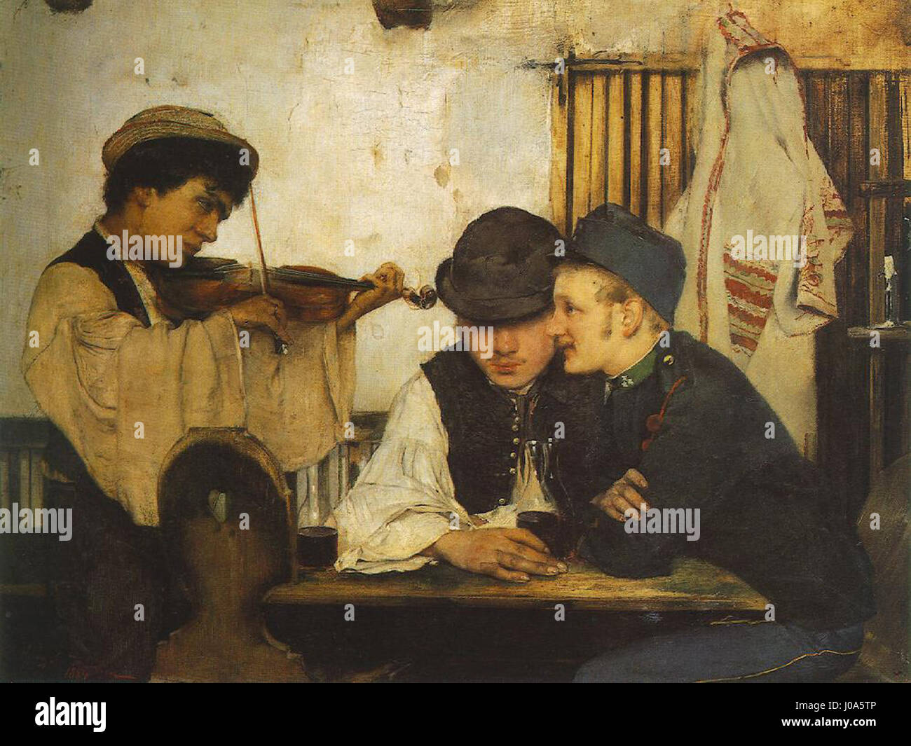 « The Good Wine » de Simon Hollósy (1884) présente un portrait magistral de la vie rustique, mettant en vedette des individus savourant du vin dans un cadre pastoral. La peinture souligne l’attention de Hollósy à l’interaction humaine et au lien entre les gens et la nature. Banque D'Images