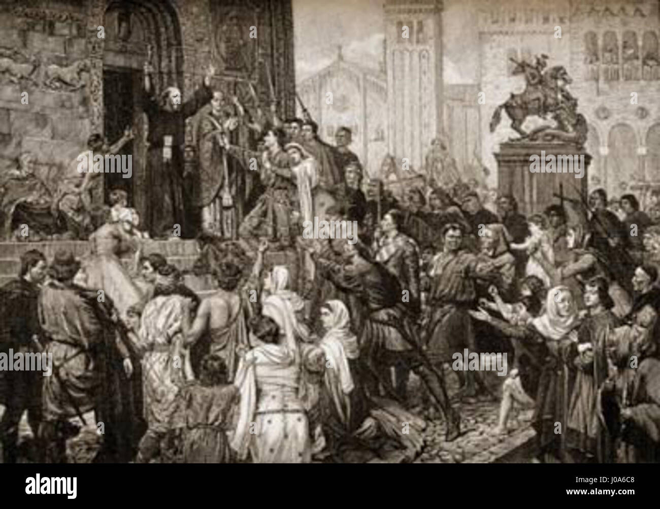 Pierre l'Ermite, un prédicateur médiéval, est représenté par Gustave Doré, un artiste français, alors qu'il prêche les Croisades au peuple au XIXe siècle. Banque D'Images