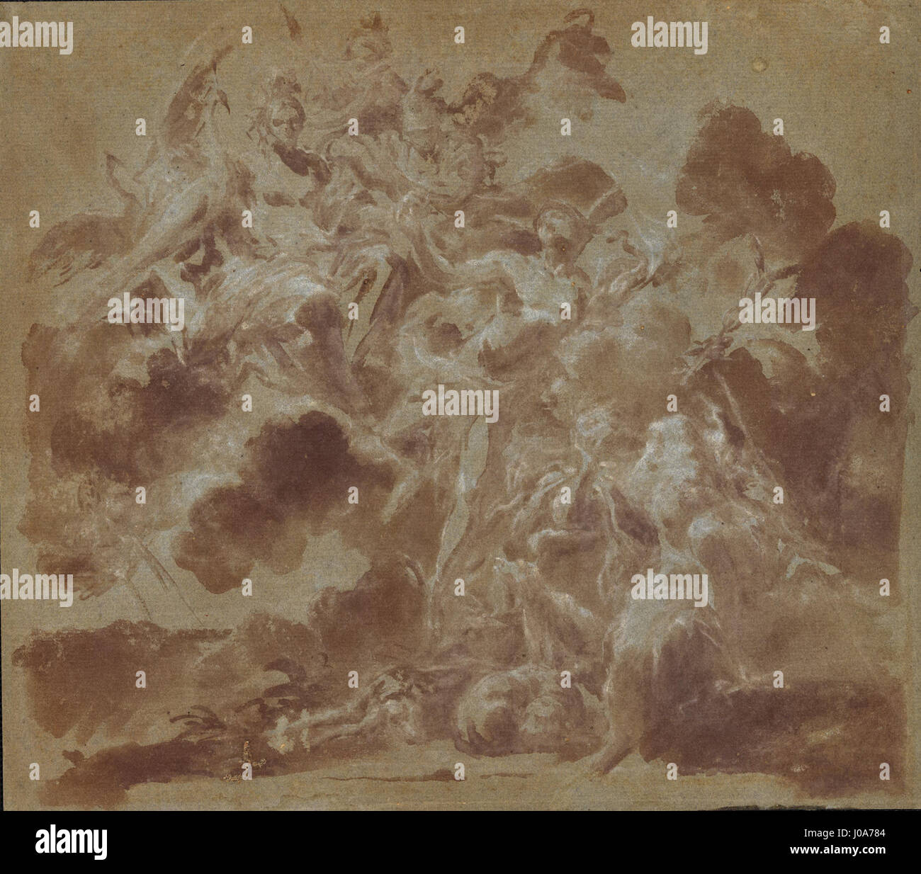 La peinture de Giuseppe Varotti « Mercúrio conduz as três deusas ao encontro de Páris » illustre le moment où Mercure conduit les trois déesses à Paris, un événement clé dans le mythe de la guerre de Troie. L'œuvre se concentre sur la beauté des dieux et leur intervention divine dans les affaires mortelles. Banque D'Images