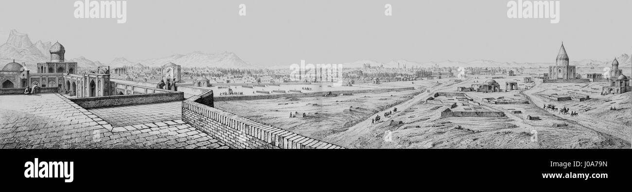 'Isfahan Panorama' de Pascal Coste présente une vue panoramique de la ville d'Ispahan en Iran, capturant sa grande architecture, y compris des bâtiments islamiques remarquables, et le paysage environnant. Banque D'Images