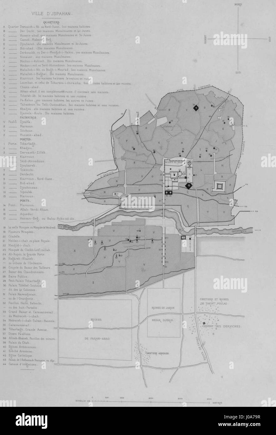 La *carte générale d’Ispahan* de Pascal Coste est une représentation cartographique détaillée d’Ispahan, une ville perse historique, montrant son tracé, ses monuments importants et son architecture, soulignant sa grandeur pendant la période safavide. Banque D'Images