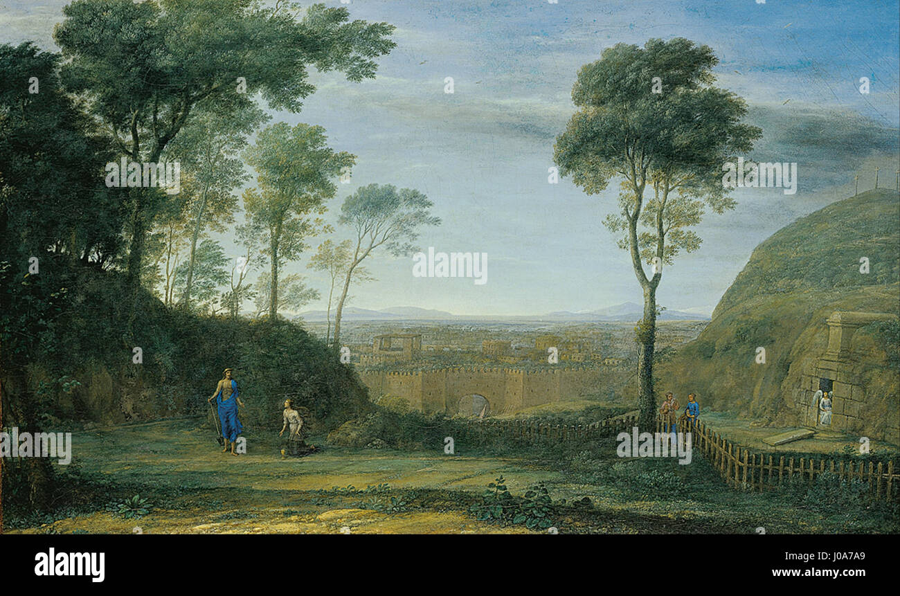 Ce paysage de Claude Lorrain représente le moment biblique du Christ apparaissant à Marie-Madeleine, une scène de l'Évangile. L’utilisation de la lumière et de l’ombre est typique du style Lorrain, mêlant des thèmes religieux à des paysages sereins et classiques. Le sujet de la résurrection du Christ est mis en évidence dans le moment dramatique de « Noli me tangere » (ne me touchez pas). Banque D'Images