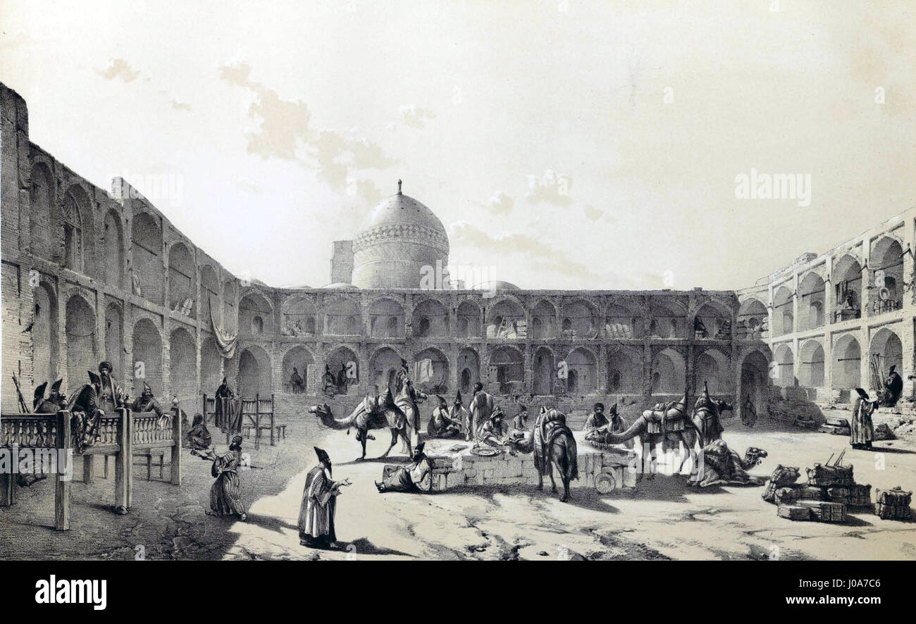La représentation du Caravansérail-i-Shah par Eugène Flandin au XIXe siècle à Qazvin met en valeur l’architecture persane et l’importance des caravansérails dans les routes commerciales. L’œuvre souligne l’importance culturelle de ces sites. Banque D'Images