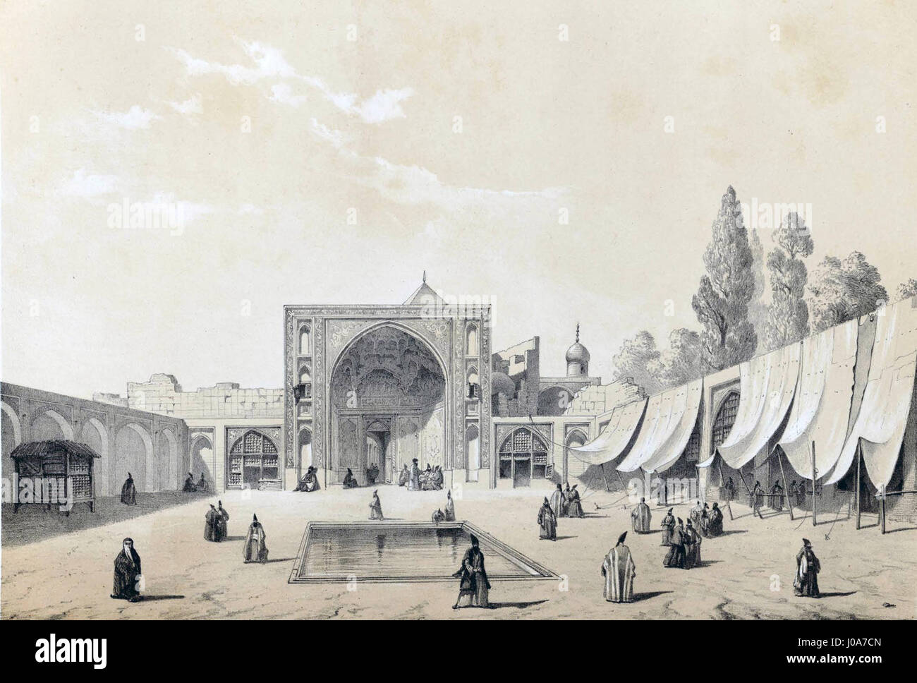 La représentation par Eugène Flandin du Masjid-i-Shah à Téhéran capture la beauté architecturale de cette mosquée emblématique. La peinture met en valeur l'architecture islamique persane et le travail complexe des carreaux. Banque D'Images