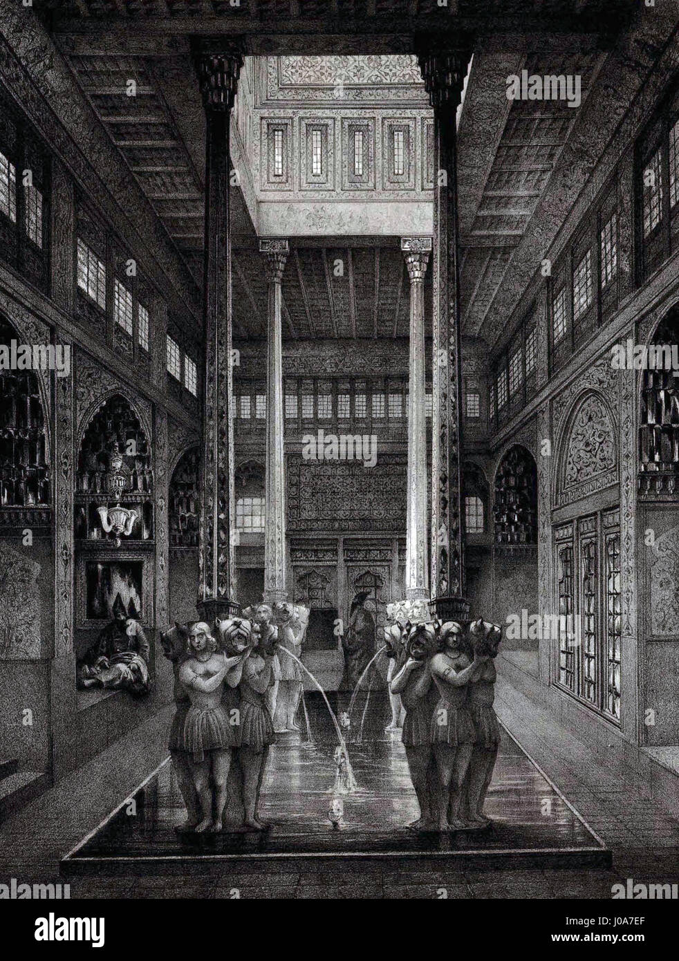 Le palais Serpouchideh, tel que représenté par Eugène Flandin, reflète la beauté architecturale des palais persans au XIXe siècle. Le portrait détaillé et précis de Flandin capture la grandeur de l’architecture persane et des décors royaux. Banque D'Images