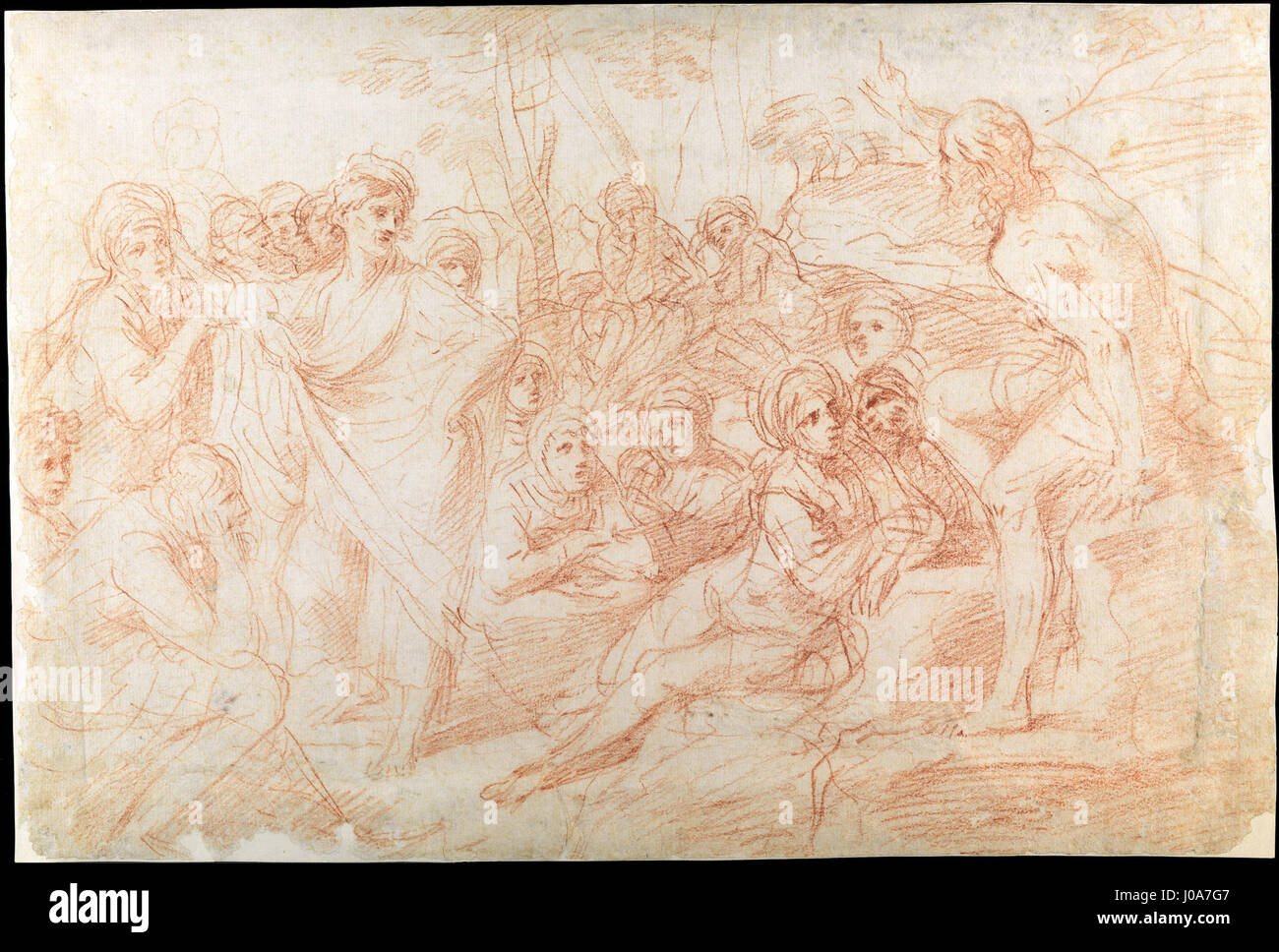 Le 'Sermão da Montanha' (Sermon sur la montagne) de Simone Cantarini décrit le moment biblique où Jésus livre ses enseignements sur la montagne. La peinture met l’accent sur les figures du Christ et de ses disciples, avec l’utilisation caractéristique de la lumière et de l’ombre par Cantarini pour apporter de la profondeur à la scène. La composition reflète une interprétation baroque de l’événement biblique, avec une émotion dramatique et des figures dynamiques. Banque D'Images