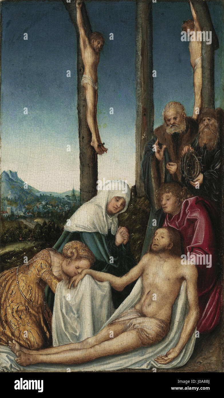 « Die Beweinung mit den beiden gekreuzigten Schöchern » (la Lamentation avec les deux voleurs crucifiés) de Lucas Cranach le jeune représente la scène de deuil après la crucifixion, avec une attention significative à la profondeur émotionnelle et au symbolisme religieux. Banque D'Images