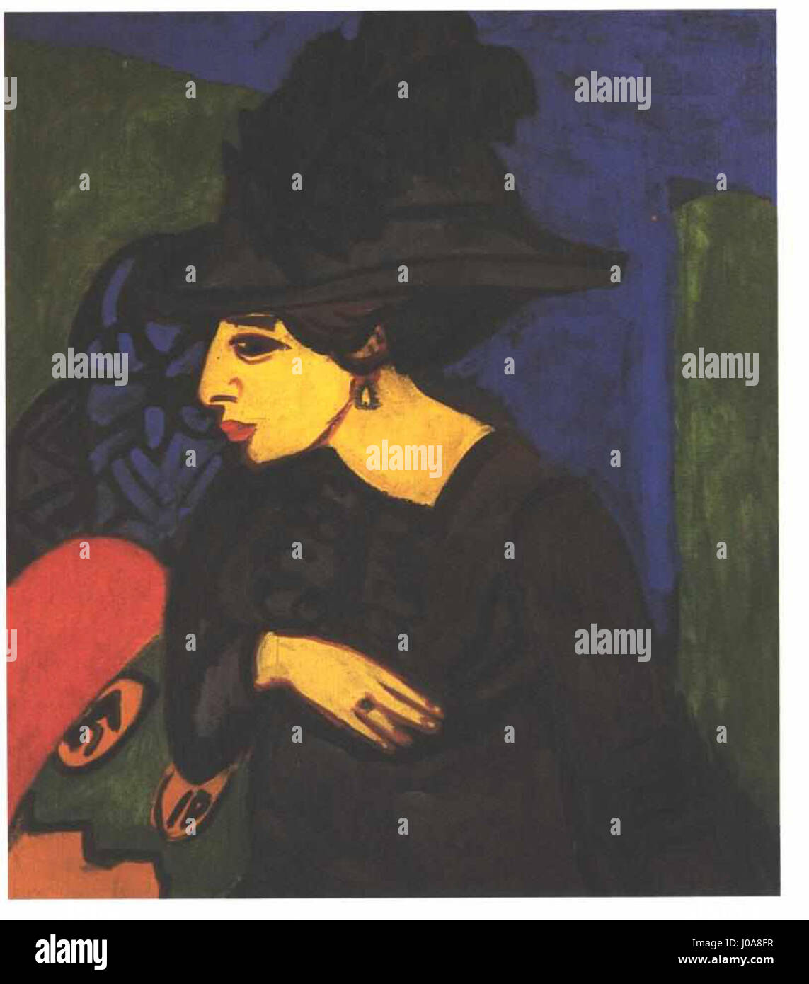 Dodo mit großem Federhut d’Ernst Ludwig Kirchner est un portrait expressionniste d’une femme portant un grand chapeau à plumes. Les couleurs vives et les lignes nettes reflètent le style unique de Kirchner et mettent l’accent sur l’intensité émotionnelle dans ses portraits. Banque D'Images