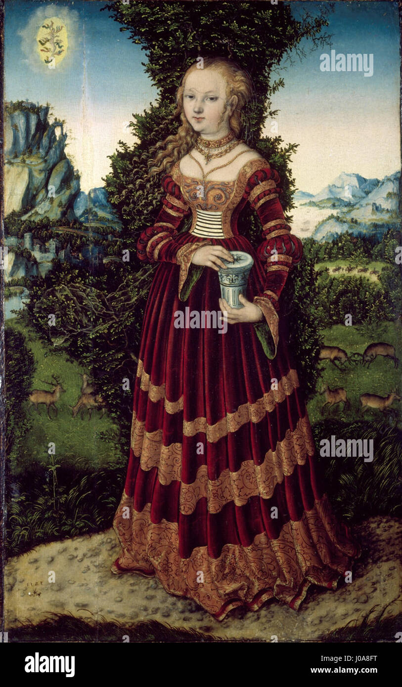 « Die heilige Maria Magdalena » de Lucas Cranach l’ancien représente Marie-Madeleine, figure centrale de l’iconographie chrétienne, dans une pose contemplative. L’utilisation habile de la couleur et de la texture par Cranach souligne la profondeur émotionnelle du sujet, soulignant sa piété et son dévouement. Le tableau est conservé au Wallraf-Richartz-Museum à Cologne. Banque D'Images