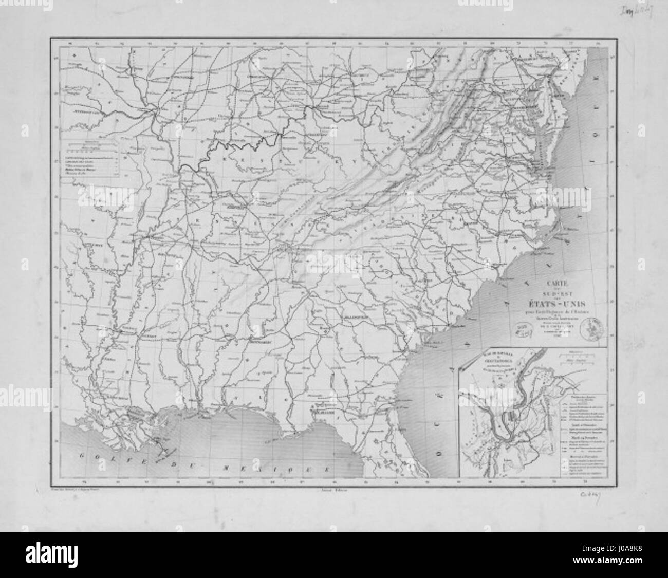 « Guerre de sécurité des Etats-Unis » de Cortambert Bineteau représente des scènes de la guerre de Sécession. L'œuvre se concentre sur les batailles clés et les figures militaires, capturant l'atmosphère intense du conflit entre l'Union et la Confédération. Banque D'Images