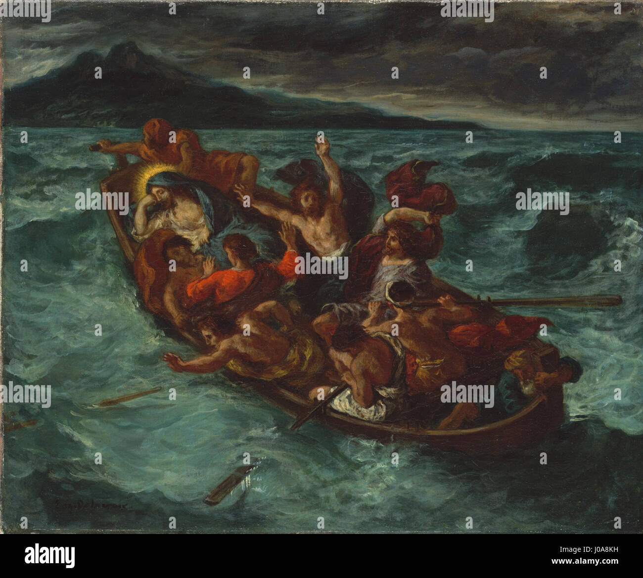 *Christ Endormi pendant la Tempête* (Christ endormi pendant la tempête) d’Eugène Delacroix dépeint la scène biblique où le Christ calme la tempête tandis que ses disciples craignent pour leur vie. L’utilisation par Delacroix de couleurs et de mouvements dramatiques intensifie la tension émotionnelle. Banque D'Images