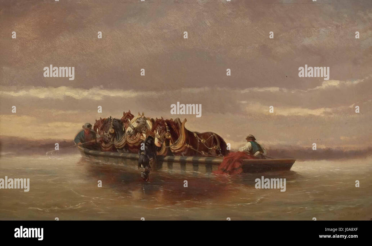 *Überfuhr von Treidelpferden in der Wachau* d'Alexander von Bensa représente une scène traditionnelle de la vallée de la Wachau en Autriche, avec des chevaux de trait utilisés pour tirer des barges le long de la rivière, un spectacle commun au XIXe siècle. Banque D'Images