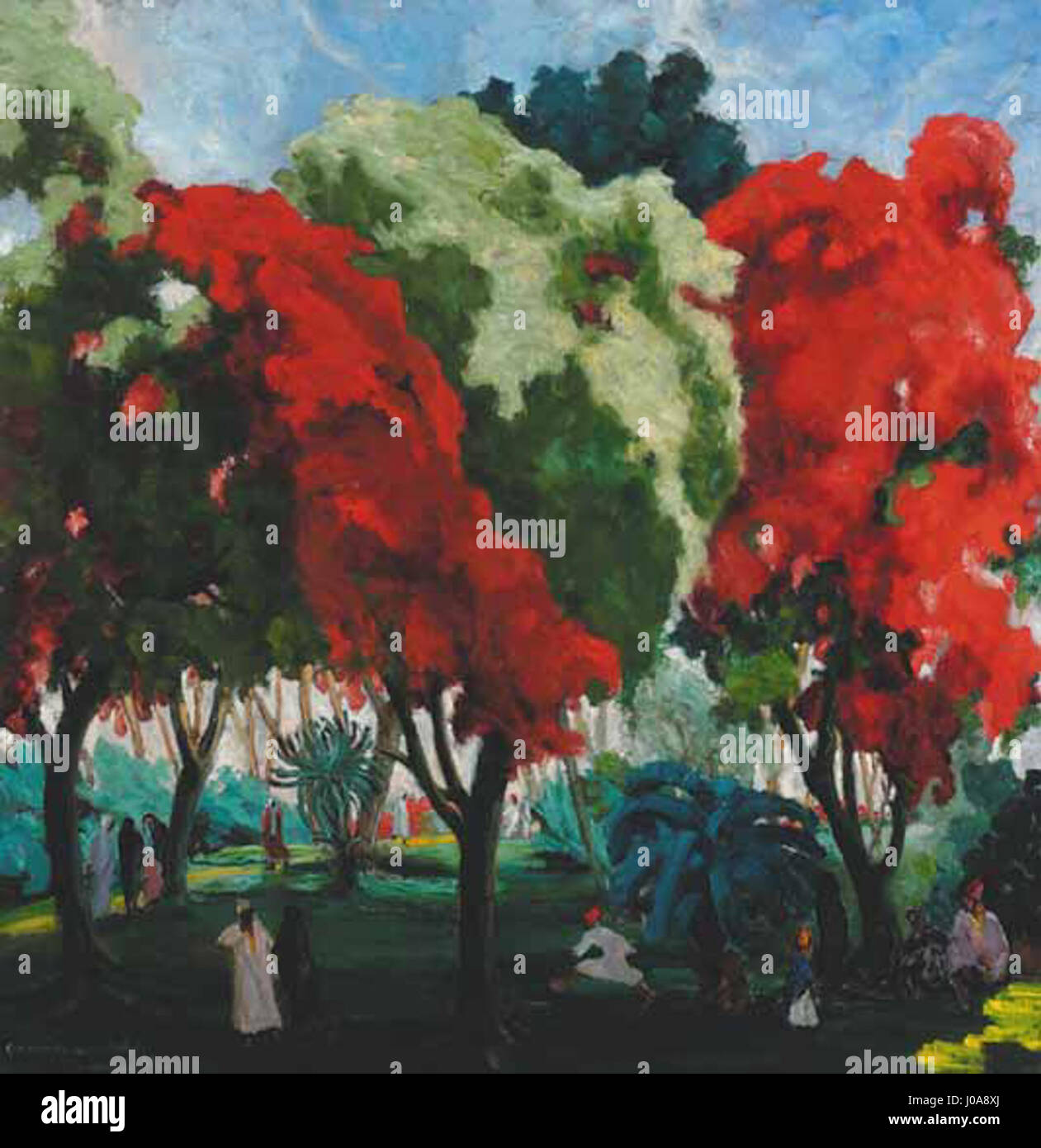 *Fiery Trees* de Bardóczi, créée en 1933-1934, est une œuvre d’art expressive mettant en vedette un paysage dynamique d’arbres flamboyants et brillants. La peinture reflète l’utilisation par l’artiste de couleurs vives et de contrastes dramatiques pour évoquer des émotions intenses, capturant l’énergie et la vitalité du monde naturel à une époque de troubles sociaux et politiques. Banque D'Images