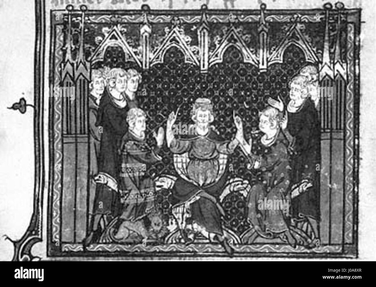 Cette scène historique représente Charles Martel partageant son Royaume entre ses fils, Pépin et Carloman. Ce moment est un événement clé de l’histoire carolingienne, symbolisant la restructuration politique de l’Empire franc au début du VIIIe siècle. Banque D'Images