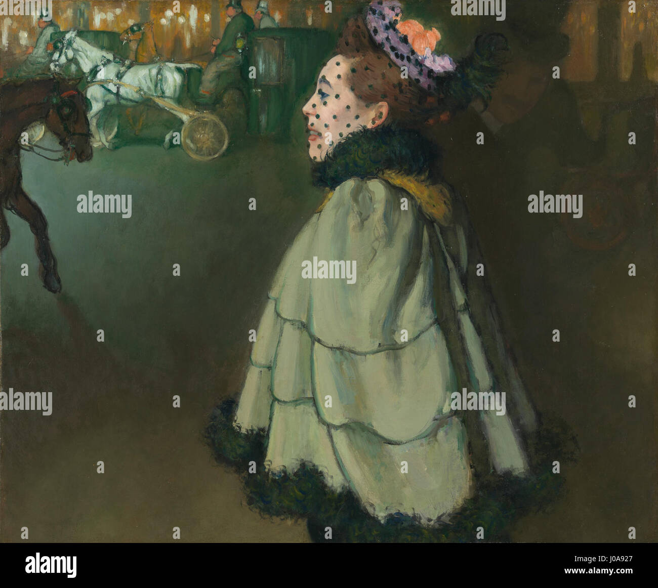 Ce tableau montre une femme marchant sur les champs-Élysées la nuit, représentant la rue parisienne animée la nuit sous un éclairage artificiel. La peinture met en valeur la vie parisienne et l’atmosphère urbaine. Banque D'Images