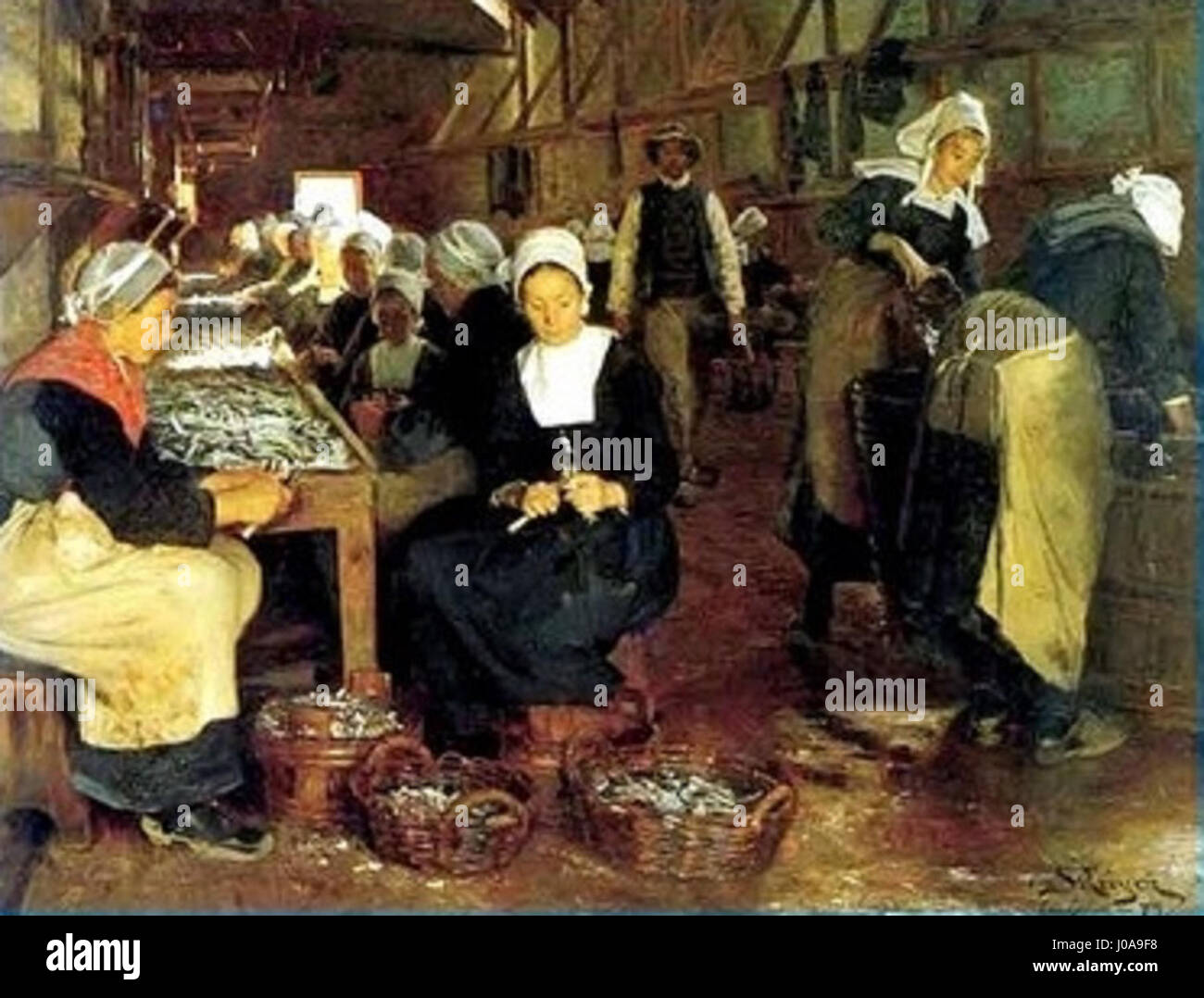 La peinture de Peder Severin Krøyer de Concarneau, en France, capture la vie animée d’une conserverie de sardines. Connu pour sa représentation de la vie quotidienne et des paysages, le travail de Krøyer met l’accent sur la lumière, la couleur et le travail impliqué dans l’industrie de la pêche. Banque D'Images
