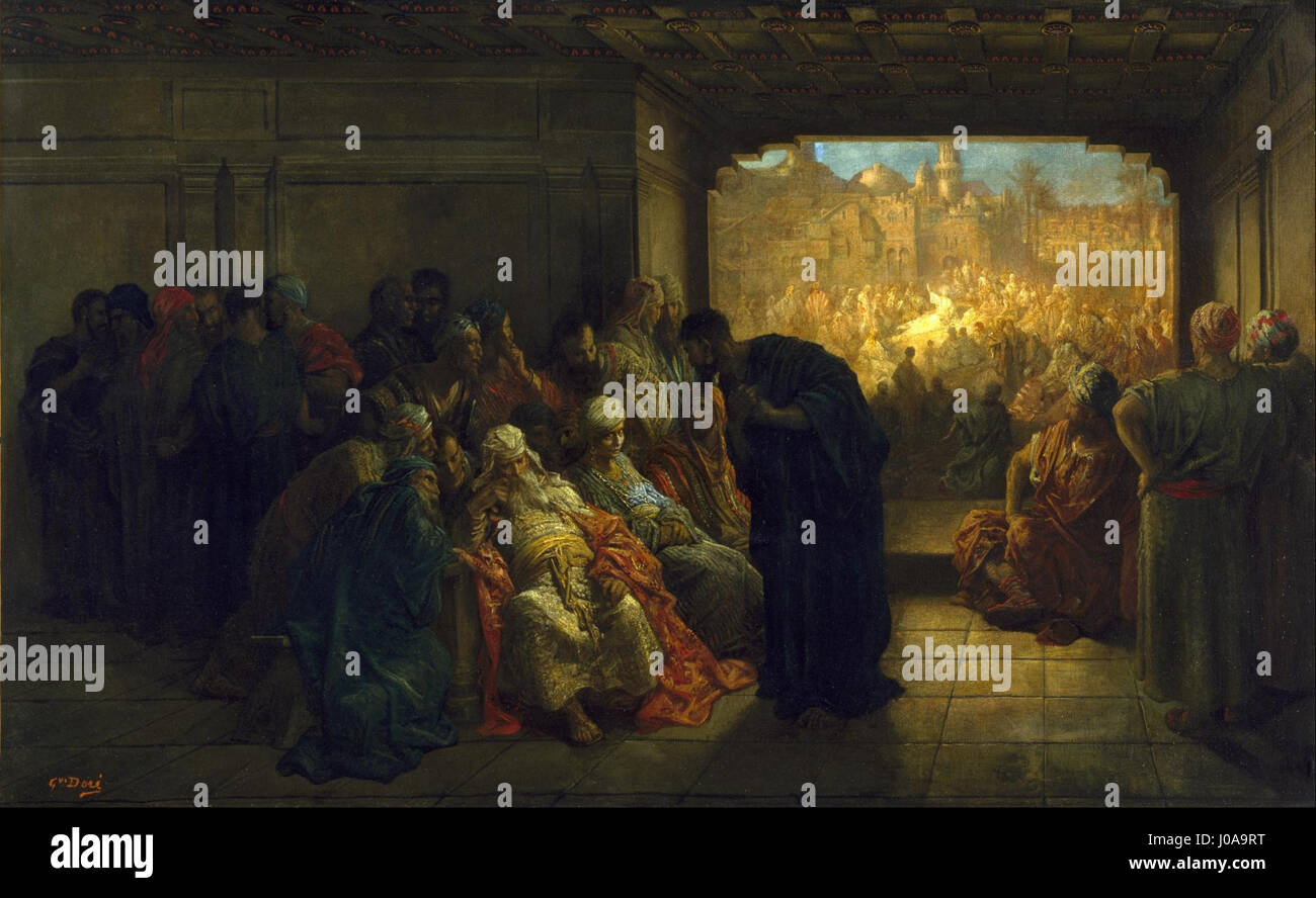 La Maison de Caïphe, une peinture de Gustave Doré, un artiste français, présentant une scène biblique avec plusieurs personnages rassemblés à l'intérieur, dont l'un agenouillé devant un autre, avec une foule visible à l'extérieur par une ouverture dans le mur du fond. Banque D'Images