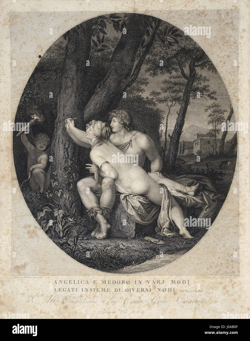 Angelica e Medoro de Giovanni Folo est une peinture italienne représentant une scène romantique tirée du poème épique Orlando Furioso. L'œuvre capture l'histoire d'amour entre Angelica et Medoro avec des détails riches et une intensité émotionnelle. Banque D'Images