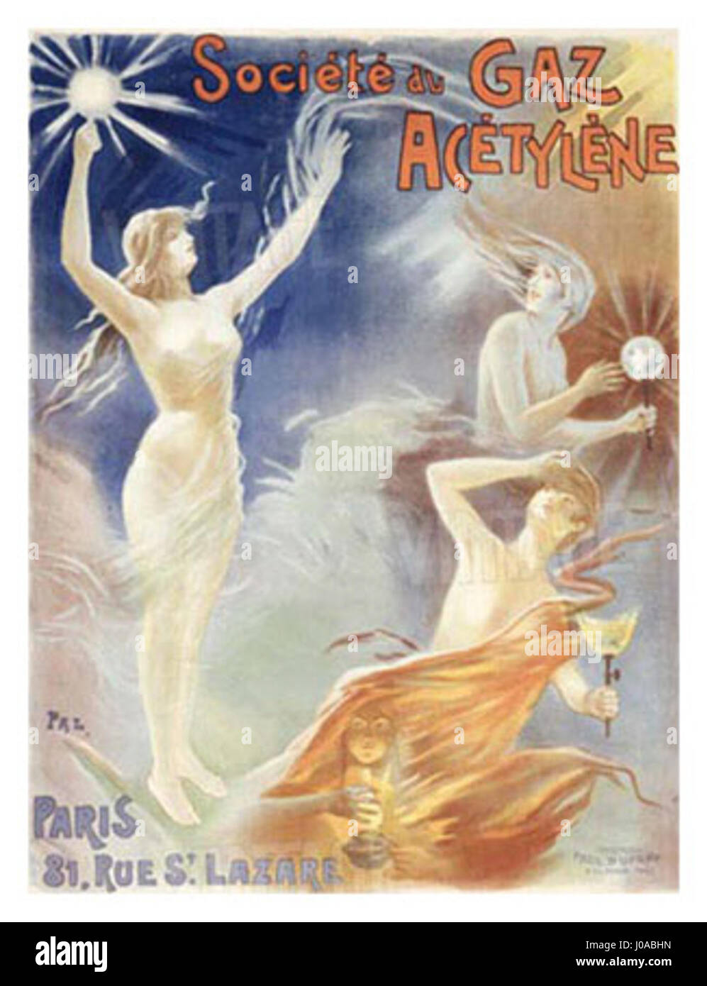 L'affiche PAL gaz acétylène est une publicité vintage pour le gaz acétylène, illustrant les progrès industriels du début du XXe siècle. Le design intègre une typographie audacieuse et des couleurs vives pour promouvoir les utilisations industrielles et commerciales du gaz. Banque D'Images