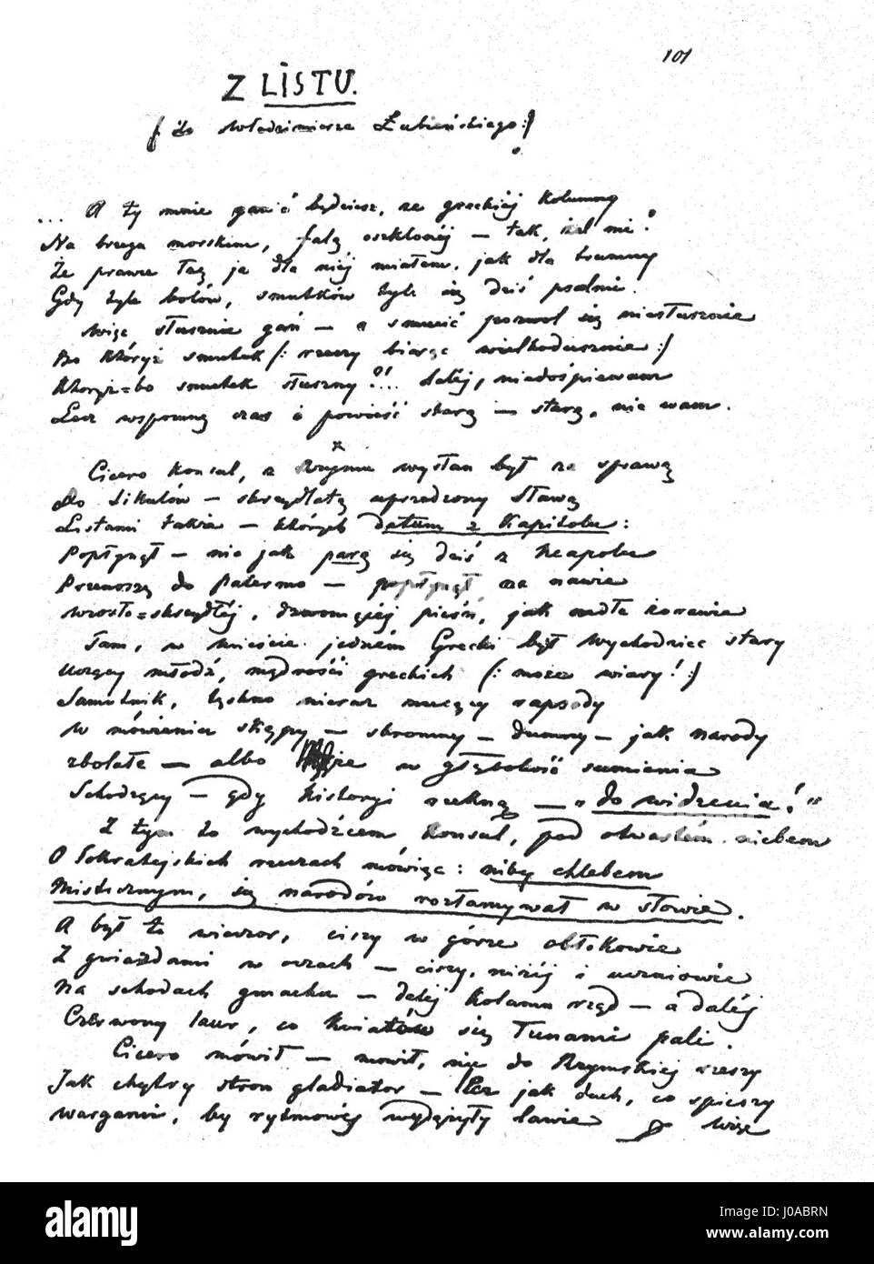 Ce manuscrit, tiré des œuvres de Cyprien Norwid, contient une lettre autographe à Włodzimierz Lubienski. Il offre un aperçu de la correspondance personnelle et des réalisations littéraires de cet important poète et dramaturge polonais. Banque D'Images