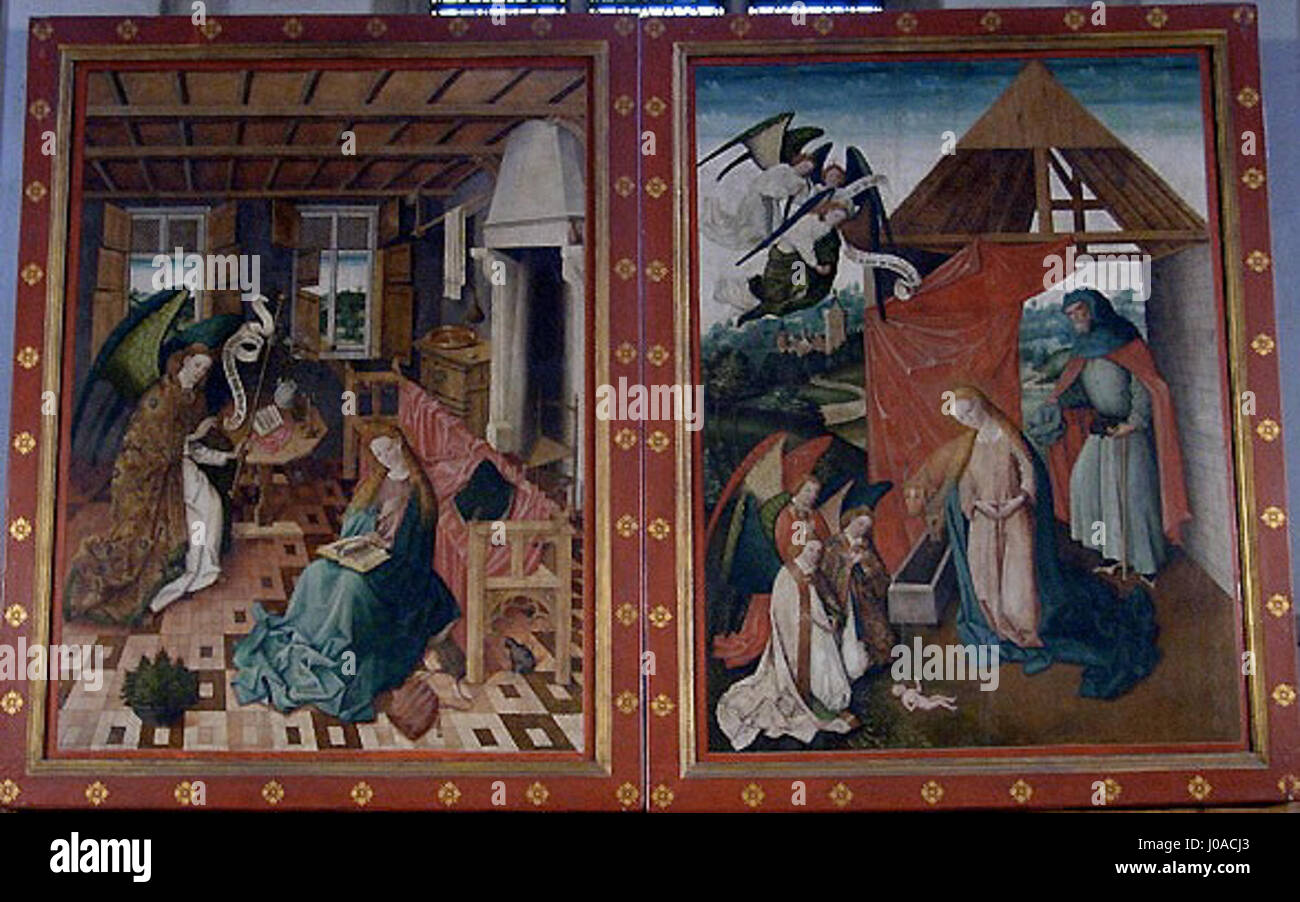 Retable-de-Schöppingen-volets-Feermes fait référence à un retable triptyque de l'église de Jean-Baptiste à Schöppingen, en Allemagne. Le panneau central représente la Crucifixion, flanqué de panneaux illustrant des scènes de la passion du Christ. L'œuvre est remarquable pour ses boiseries détaillées et son iconographie religieuse. Banque D'Images