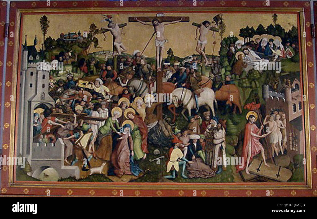 Le retable de Schöppingen est un retable religieux qui représente la Crucifixion du Christ. Originaire du XVe siècle, cette œuvre présente un portrait vivant de la passion, avec des figures finement travaillées et un récit clair de la souffrance du Christ. Il reflète les thèmes spirituels de l'européen médiéval Banque D'Images