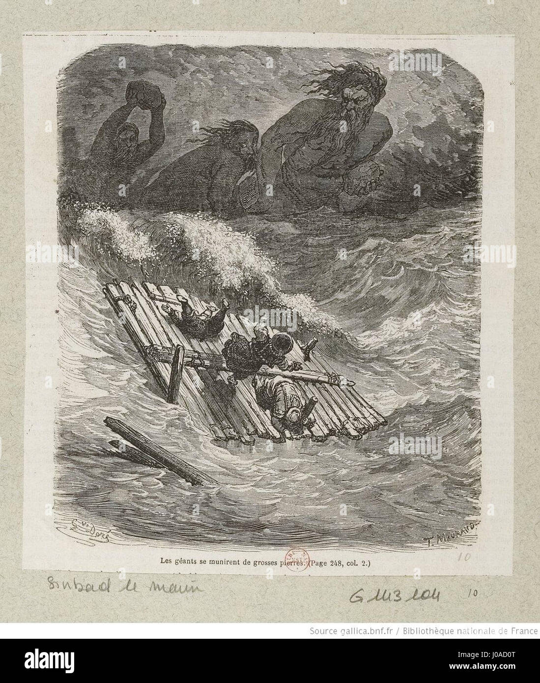 Une illustration de géants s'armant de grosses pierres, tirée de l'œuvre de Gustave Doré, un artiste français, du milieu du XIXe siècle. Banque D'Images