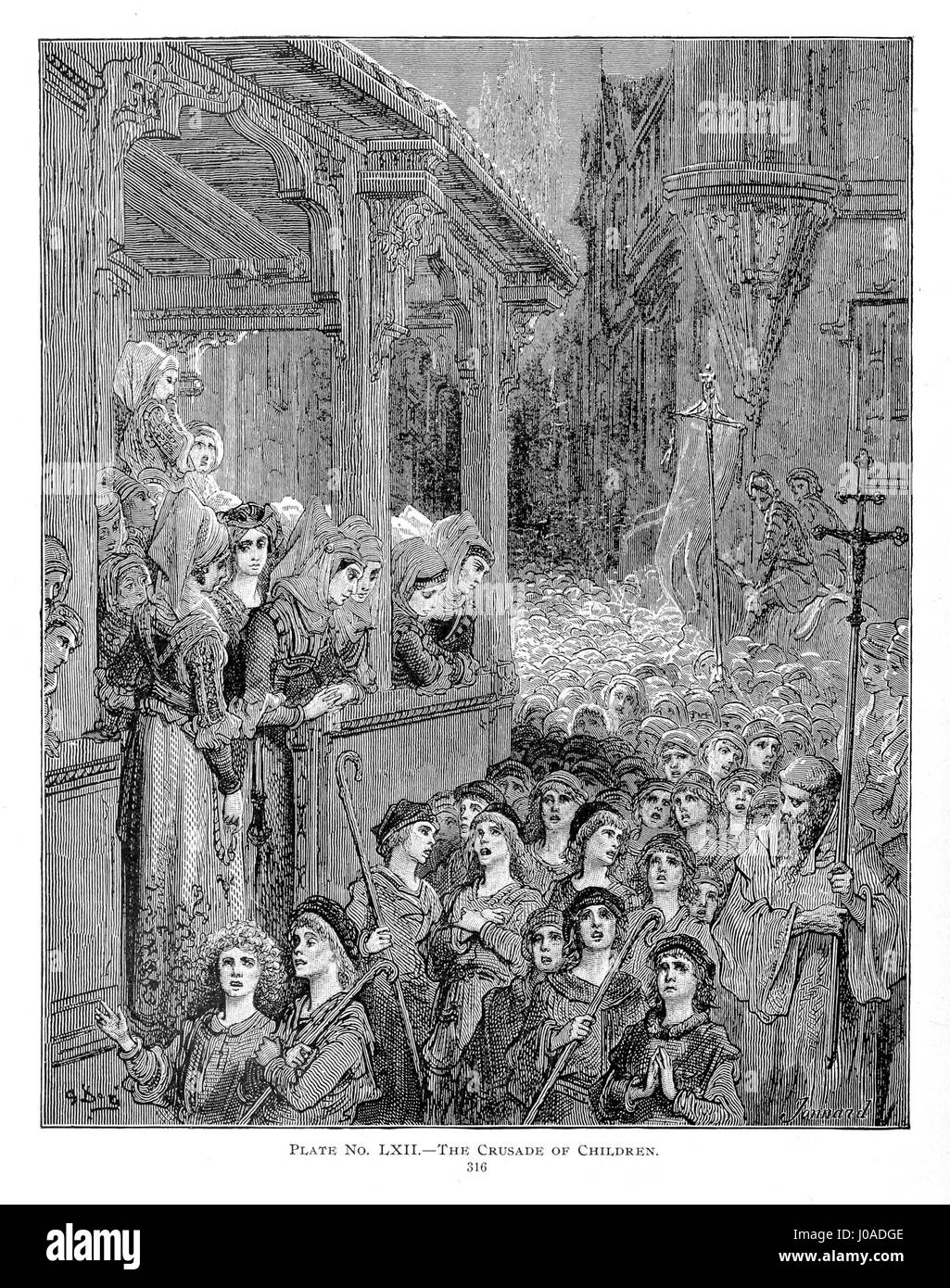 Cette illustration de Gustave Doré représente l’événement tragique de la Croisade des enfants. Les gravures détaillées de Doré capturent l’innocence et la souffrance des enfants impliqués, symbolisant les conséquences tragiques des mouvements religieux malavisés au moyen âge. Banque D'Images