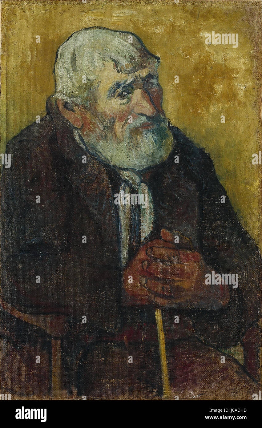 Le tableau « vieil homme au bâton » de Paul Gauguin de 1888 capture la figure âgée d’un homme avec un bâton, reflétant l’exploration du portrait et de la profondeur émotionnelle par l’artiste pendant son séjour à Pont-Aven. Banque D'Images