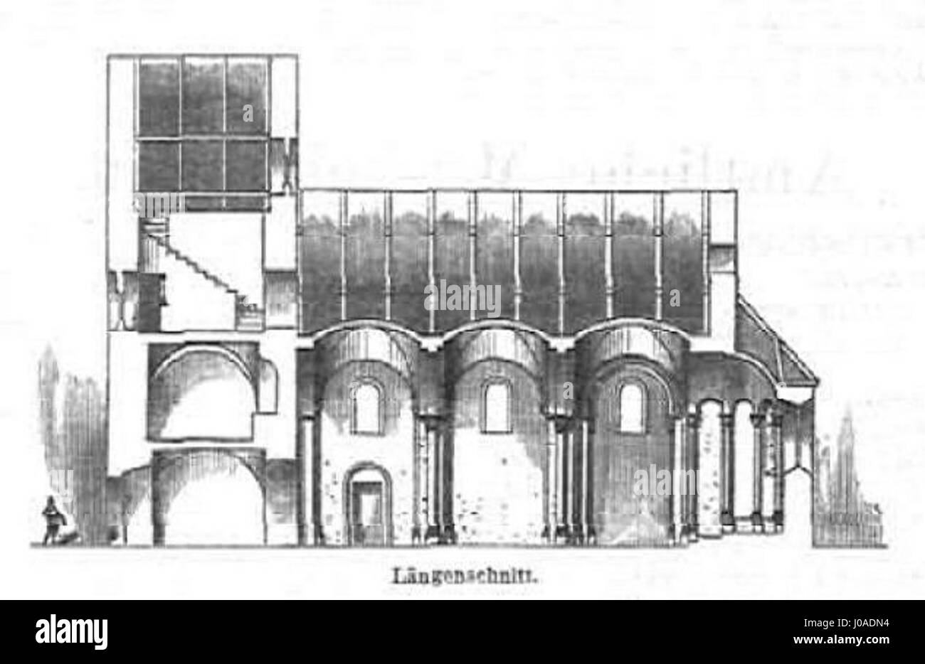 La Sigwardskirche Idensen Längsschnitt est une coupe longitudinale de la Sigwardskirche à Idensen, en Allemagne. Il présente la conception architecturale de l'église et la disposition détaillée de son intérieur, typique du style de l'église. Banque D'Images