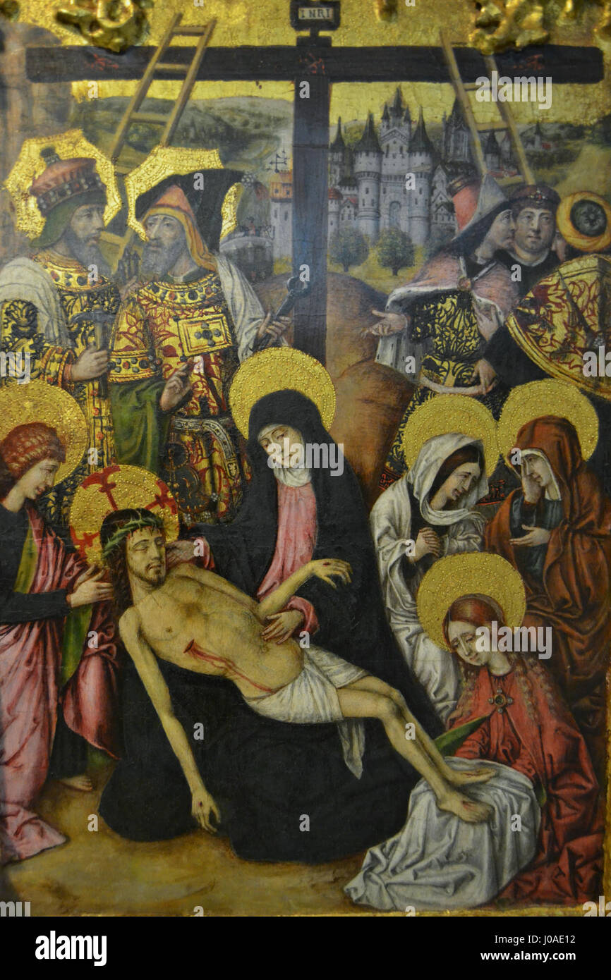 La 'Predelúla amb cinc escenes de la Passió de Crist' de Joan Reixach (prédella avec cinq scènes de la passion du Christ) du Musée des Beaux-Arts de Valence présente des scènes vives de la passion du Christ, dépeignant sa souffrance et son sacrifice ultime dans des détails exquis, typiques du travail de dévotion de Reixach. Banque D'Images