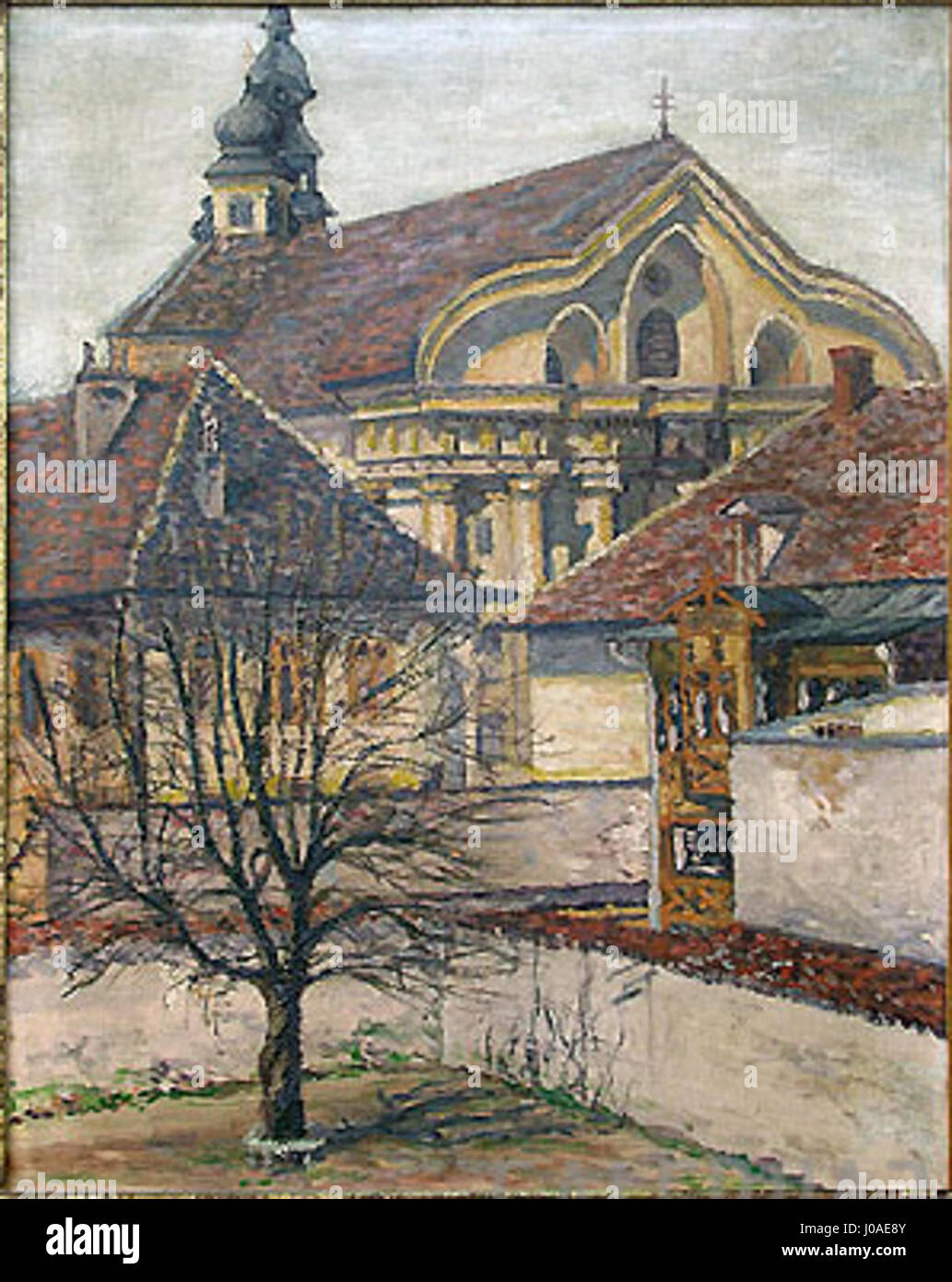L’œuvre de Peter Zmitek Nunska cerkev (Église des religieuses) présente une vue d’une église associée à un couvent. La pièce met en valeur les détails architecturaux de l'église, soulignant son importance spirituelle et historique au sein de la communauté. Banque D'Images