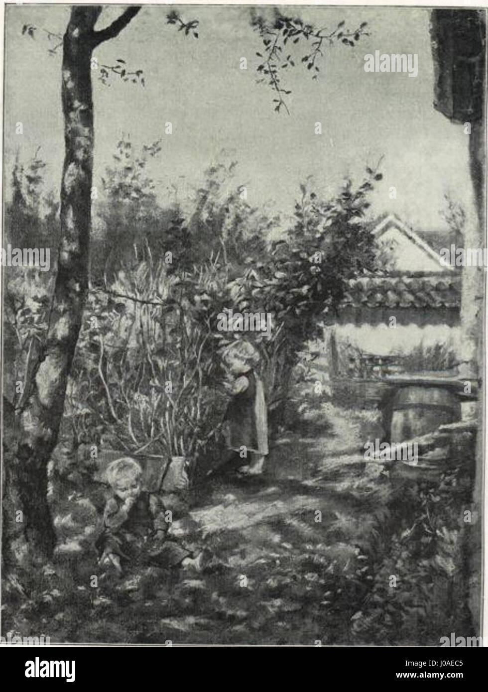 « Na domačem vrtu » d'Ivana Kobilca dépeint une scène paisible de jardin domestique en Slovénie, mettant en valeur la vie tranquille et quotidienne d'une famille rurale. Banque D'Images